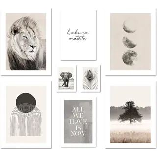 ARTFAVES® Poster Set - BEIGE WILDERNESS - mehrteilige Wanddeko Wohnzimmer & Schlafzimmer - 8 moderne Wandbilder Abstrakt, natur, beige, braun, Afrika, Löwe, Mondphasen - ohne Bilderrahmen
