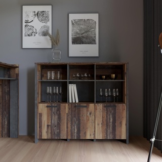 Forte Clif Bücherregal mit 3 Türen, Holzwerkstoff, Old – Wood Vintage/Betonoptik dunkelgrau, B x H x T: 136,4 x 118,3 x 41,6 cm