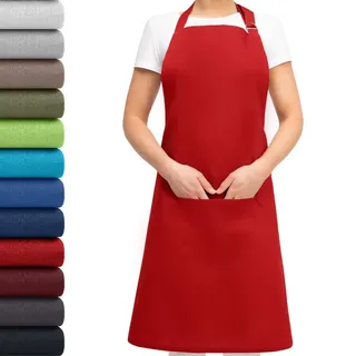EllaTex Schürze Kochschürze Latzschürze 100% Baumwolle Unisex verstellbar mit Tasche Grillschürze Küche Gastronomie, Farbe: Rot - Rot
