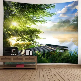 Mesnt Wandteppich Natur Groß, 210x140cm Baum am See, natürliche Landschaft Tapisserie Wandbehang für Wohnzimmer Schlafzimmer Wohnheim Wanddeko | Grün Blau Weiß