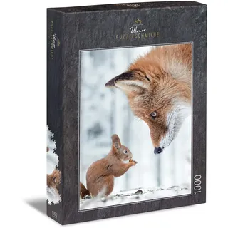 Ulmer Puzzleschmiede - Puzzle „Fleißig & Schlau“ - Pfiffiges 1000 Teile Tierpuzzle – Eichhörnchen und Fuchs im Winterwald - Tiere verblüffend in Szene gesetzt - Puzzle-Qualität Made in Germany