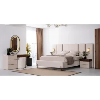 JVmoebel Schlafzimmer-Set Beige Schlafzimmer Garnitur mit edlem Doppelbett und Hocker, (6-tlg), Made in Europa beige