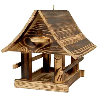 WOODOK Vogelhaus Massivholz-Vogelfutterhaus XXL gebrannt, mit Haken zum Aufhängen braun
