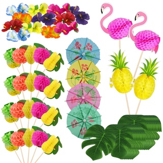 Cocktail Party Dekorationen, 88 Stk Hawaii Cocktailschirmchen 3D Flamingo Obst Stäbchen für Getränke Künstliche Blumen, Palmblätter Dekor Cocktail Zubehör Deko für Strandparty, tropische Aloha Party
