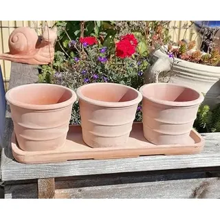 Italienisches 3 er Set Blumentöpfe mit Untersetzer echt Terrakotta, Blumenkübel Blumentopf für Garten Wohnung Terracotta Mediterran Landhaus Kräutertopf Kakteen