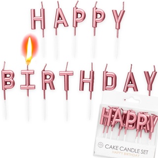 13-teiliges Kerzen Set * Happy Birthday * mit Steckfuß | ca. 26cm x 8cm groß | Gold Silber Rosegold Deko Geburtstag Geburtstagskerze, Farbe: Rosegold