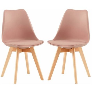 2er Set Esszimmerstühle mit Massivholz Buche Bein Skandinavisch Design Gepolsterter aus Leder Küchenstuhl, Rauchrosa