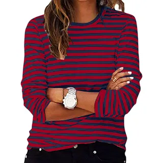 Ybing Gestreift Langarmshirt Damen Y2K Ringelshirt Casual Rundhals Bluse Locker Langarm Tshirt Leichte Pullover Bequem Sport Longshirt Baumwolle Longsleeve Oberteile Basic Tops Tunika - XL