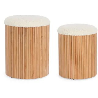 Pouf Neda 2er-Set aus Kiefernholz, skandinavisches Design mit Stauraum, natur-weiß, rund gepolstert