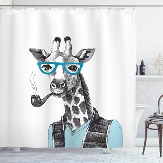 ABAKUHAUS Hipster Duschvorhang, Lustige Giraffe mit Pfeife, Stoffliches Gewebe Badezimmerdekorationsset mit Haken, 175 x 180 cm, Blau grau