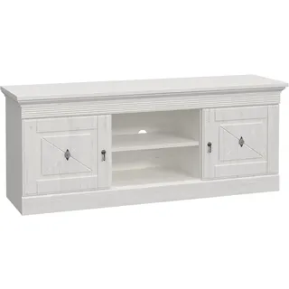 Newroom TV Lowboard 161 cm breit Pinie Weiß Landhaus TV Schrank | 2 Türen mit offenem Mittelfach, Kabeldurchlass, Kassettenfront, Fernsehtisch, Sideboard, Vintage, für Flur und Esszimmer