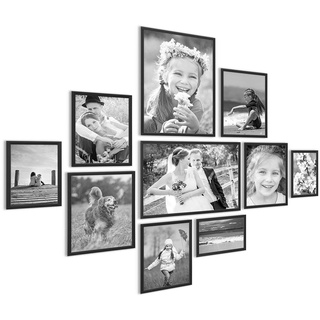 PHOTOLINI Alu-Bilderrahmen-Set Schwarz schmal, 10er Set Metall-Rahmen aus Aluminium, bruchsicheres Acrylglas, zum Aufhängen & Aufstellen, extra Zubehör, modernes Design für Poster & Fotos