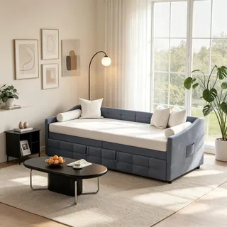 Quiaviank Schlafsofa 90x200cm mit Ausziehbarem Bett, Schlafcouch Ausziehbar Einzelbett mit Samtstoff, Tagesbett mit Lattenrost für Wohnzimmer, Schlafzimmer, Ohne Matratze, Grau