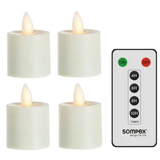 SOMPEX LED-Kerze 4er Set Sompex Flame LED Teelicht (Set, 5-tlg., 4 Teelichter, Höhe 3,1cm, Durchmesser 3,6cm, 1 Fernbedienung), mit Timer, Echtwachs, täuschend echtes Kerzenlicht gelb