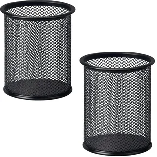 Globly 2 Stück schwarze Stiftehalter aus Metallgeflecht für Schreibtisch | runder Stifthalter Organizer für Büro, Zuhause und Schule