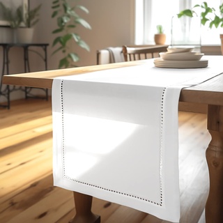 Encasa Tischläufer aus Baumwolle mit Hohlsaumdesign für 4 Seater | Weiss | Größe 32x150 cm | Esstischdekoration – maschinenwaschbar