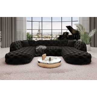 Sofa Dreams Wohnlandschaft Samtstoff Sofa Designer Couch Lanzarote U Lounge Stoffsofa, Couch im Chesterfield Look schwarz