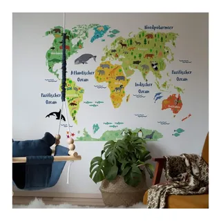 K&L Wall Art Wandtattoo Klebebilder Tierwelt große Weltkarte Kinderzimmer 120x90cm, Wandbild selbstklebend, entfernbar bunt