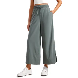 CRZ YOGA Leicht Weites Bein Capri Chinohose Hohe Taille Locker Hose Lässig Lounge Sommer Sporthose mit Taschen - 64cm Grauer Salbei 36 - 36