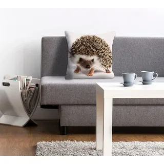 Dekokissen QUEENCE "Veit", braun (braun, bedruckt), B:40cm L:40cm, Polyester, Dekokissen_Sitzkissen_Kissenhüllen, Kissenhülle,Igel,Süß,Tiermotiv,Niedlich,Naturmotiv,Verspielt