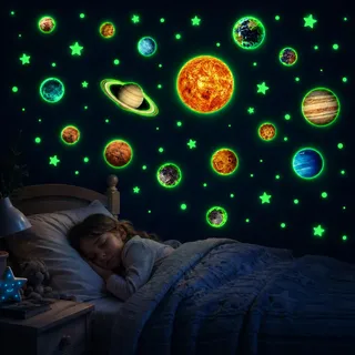 Quelcc Wandtattoo Kinderzimmer 15 Planeten Leuchtsterne Sonnensystem Wandsticker Leuchtaufkleber Selbstklebend Fluoreszierend Wandsticker Kinderzimmer Jungen und Mädchen Nachleuchtend