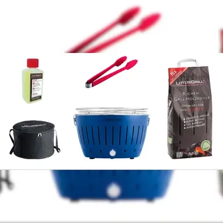 LotusGrill Starter-Set Classic 1x Grill Tiefblau mit USB-Anschluß, 1x Buchenholzkohle 2,5 kg, 1x Brennpaste 200ml, 1x Zange (Farbe nach Vorrat), 1x
