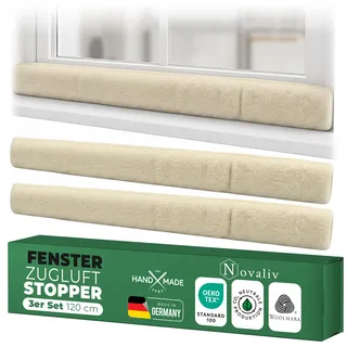 Zugluftstopper für Fenster 120cm Natur Schurwolle – stoppt Zugluft & Kälte, dämpft Lärm/Staub/Licht, rutscharm, ohne Bohren; für Fensterbank/Rahmen, Spalt abdichten, Innenbereich, 3er-Set