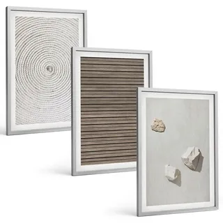 Bilder Set 3-teilig im silbergerahmten Rahmen – Wandbilder 3 Stück – gerahmte Poster für Wohnzimmer, Schlafzimmer und Flur – 40x60 cm – N... - Beige