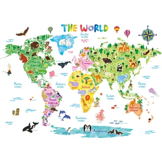 Decowall DLT-1615 Weltkarte Tierweltkarte Tiere Wandtattoo Wandsticker Wandaufkleber Wanddeko für Wohnzimmer Schlafzimmer Kinderzimmer (Extra Groß) (Englisch Ver.)