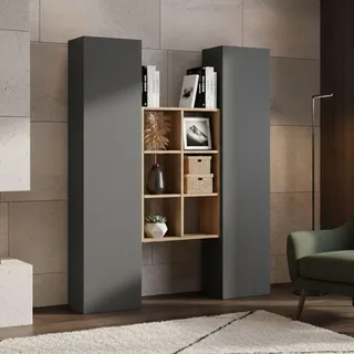 Dmora - Kommode Franco, Wohnzimmer-Set mit 2 Türen und Regalen, Wohnzimmer-Buffet, Küchen-Sideboard, 100% Made in Italy, 140 x 30 x 180 cm, Anthrazit und Ahorn