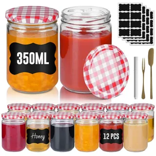 FIVMEN Einmachglas Marmeladengläser mit Deckel Einmachgläser Marmelade Marmeladenglas, (12/24er Set), für selbstgemachte Marmelade, Konfitüre und Bastelarbeiten 240/350 ml rot 350 ml