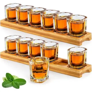 Schnapsgläser-Set 60 ml 12er Pack mit Holzhalter Kristallglas für Whisky, Wodka, Rum