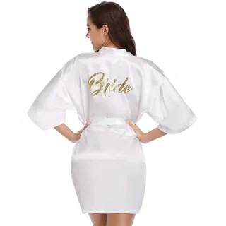 Vlazom Morgenmantel für Hochzeit Satin Kimono Badmantel für Braut&Brautjungfern V-Ausschnitt Damen Robe mit Gürtel(S,Weiß für Braut) - S