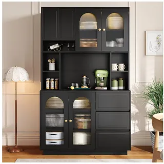 Celya Hochschrank Sideboard Küchen Staurschrank mit offenen Fächern (mit APP-gesteuerter farbverstellbarer LED-Beleuchtung) Bar-Schrank Küchen Staurschrank mit Bogen-Acryltüren schwarz