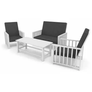 SET Solena Gartenmöbel Weiß mit graphitfarbenen Kissen 2 Sesseln Sofa und Tisch aus Kiefernholz für Terrasse Balkon Garten Lounge Möbel modern - Weiß/Grau