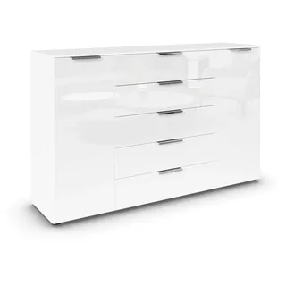 Rauch Möbel Flipp, Kommode, Farbe Glas Weiß, Breite 160 cm | Sideboard, 2-türig, 5 Schubladen, Glasfront, Soft-Close-Funktion, für Schlafzimmer, Gästezimmer, Wohnzimmer, Garderobe, Flur