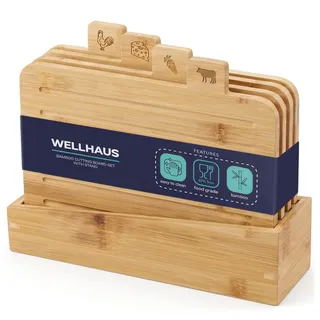 WELLHAUS Schneidebrett Holz – 4er Set aus Bambus mit Ständer, Küchenbrett groß massiv für Fleisch Gemüse Käse Geflügel, Schneidbrett zum Schneiden Servieren als Vesperbrett Frühstücksbrettchen