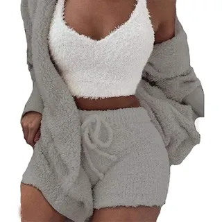DIVAND Damen Casual 3-Teiliges Set Fluffy Plüsch Pyjama Langarm Samt Kapuzenjacke Mantel + Shorts + Crop Top Mode Winter Warm Halten Trainingsanzug
