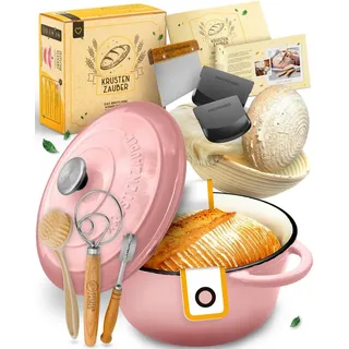 Krustenzauber Brotbackform Emaille Brotbackform 28cm mit Deckel im Komplettset, Kastenform Brot rosa Topf-Komplettset