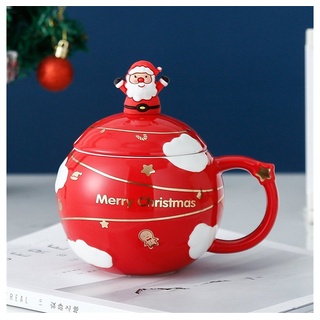 Rouemi Tasse Weihnachts-Keramikbecher, Kugelbecher mit Deckel und Löffelbecher rot