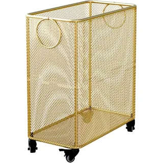 Rollbarer Metall-Wäschekorb Gold, Drahtkorb mit Rollen für Kleidung, Schmutzwäsche und Yogamatten, Zusammenklappbarer Aufbewahrungskorb für Bad, Schrank oder Wohnzimmer(45L)