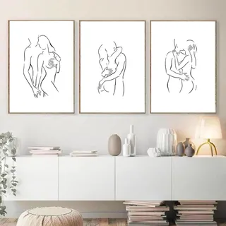 HTWLMM Abstrakte Paar Kuss Strichzeichnung Bilder Liebe Schwarz Weiß Leinwand Malerei Gemälde Poster Kunstdruck für Wohnkultur Wohnzimmer Wanddekoration (3X40X60CM,Kein Rahmen)