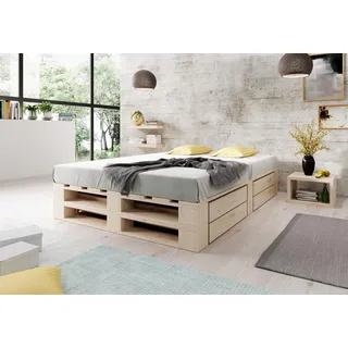Lermowood Palettenbett M2 aus Holz 160 x 200 cm Natur mit Lattenrost und 2 Bettkästen Holzbett 30cm Stabiles Seniorenbett Kinderbett Jugendbett Gästebett erhöhtes Bettgestell Futonbett Komforthöhe