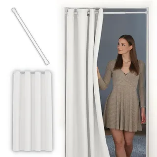 tinycurtains, Thermo Türvorhang mit Teleskopstange, einfache Montage in nur 1 Minute ohne Bohren (Türgardine weiß H200 x B150 cm + Stange weiß B70-120 cm)