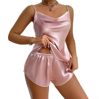 Lounge Ready Damen Satin Pyjama-Set V-Ausschnitt Oberteil und kurze Hose (XL Rosa)