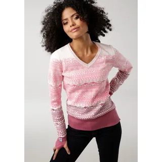 Jacquardpullover KANGAROOS, Damen, Gr. 36/38, bunt (rosa, beere), Feinstrick, Obermaterial: 50% Baumwolle, 50% Polyacryl, figurbetont hüftlang, V-Ausschnitt, Rippbündchen mit Daumenlöchern, Pullover Norwegerpullover Weihnachtspullover Rundhalspullover Strickpullover Pullover V-Pullover, im Norweger-Muster mit kleinen Kängurus