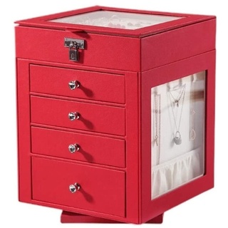 Schmuckkoffer Schmuckkästchen Rote große 5-lagige drehbare Schmuck-Organizer-Box mit Ringbox Leder-Schmuck-Aufbewahrungskoffer Halsketten-Display. Schmuckaufbewahrung Schmuckkasten