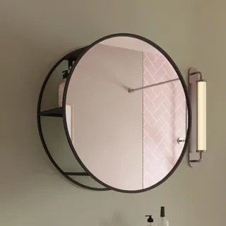 Croydex 500 mm mattschwarzer runder Wandspiegel aus Stahl mit Ablage, Sicherheitsrückseite, runder Spiegel, Badezimmerspiegel mit Ablage, Badezimmerspiegel zur Wandmontage, Keine Montage erforderlich