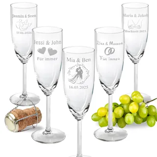 2er Set Sektgläser mit Gravur personalisiert mit Wunschmotiv und Wunschtext Namen Datum für Verliebte Verlobung Hochzeit Geschenk Champagner