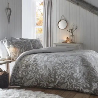 Dreams & Drapes Teddy-Fleece-Bettbezug, King-Size-Größe (230 x 220 cm), Motiv: graue Eule, Wald, weich, kuschelig, Fleece, Motiv: Waldtiere, warmes Winter-Bettwäsche-Set